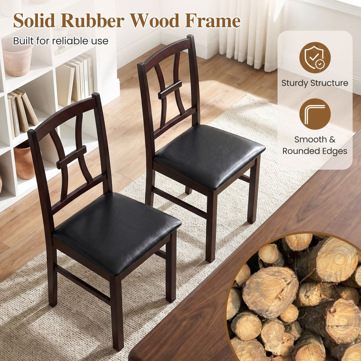 Set of 4 Wooden Dining Chairs with Faux Leather Padded Seat for Kitchen-Brown-Dining Chairs-DECOROLALA