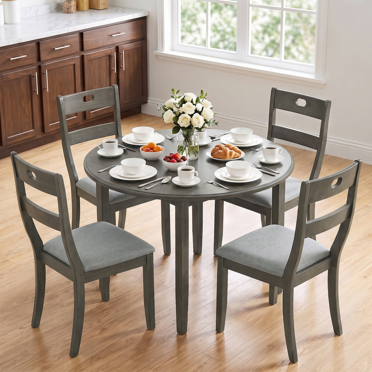 Set of 4 Wooden Dining Chairs with Padded Seats and Rubber Wood Frame-Gray-Dining Chairs-DECOROLALA