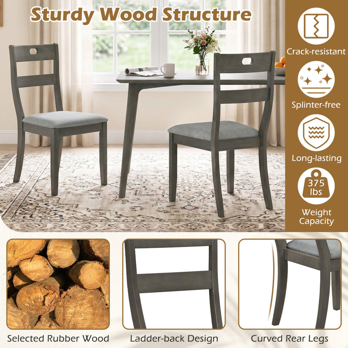 Set of 4 Wooden Dining Chairs with Padded Seats and Rubber Wood Frame-Gray-Dining Chairs-DECOROLALA