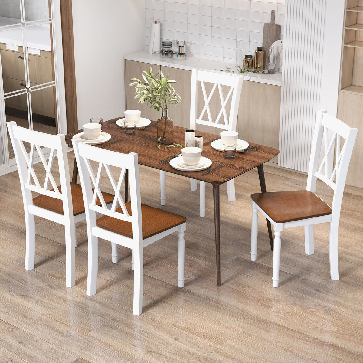 Set of 4 Wooden Farmhouse Kitchen Chairs with Rubber Wood Seat-Dining Chairs-DECOROLALA