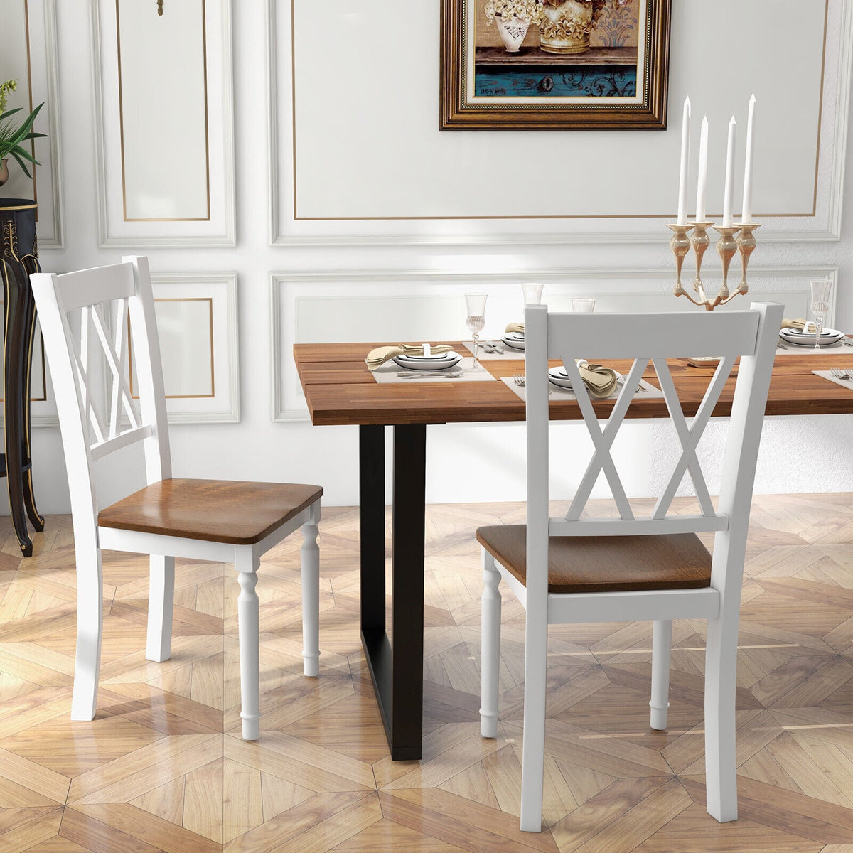Set of 4 Wooden Farmhouse Kitchen Chairs with Rubber Wood Seat-Dining Chairs-DECOROLALA