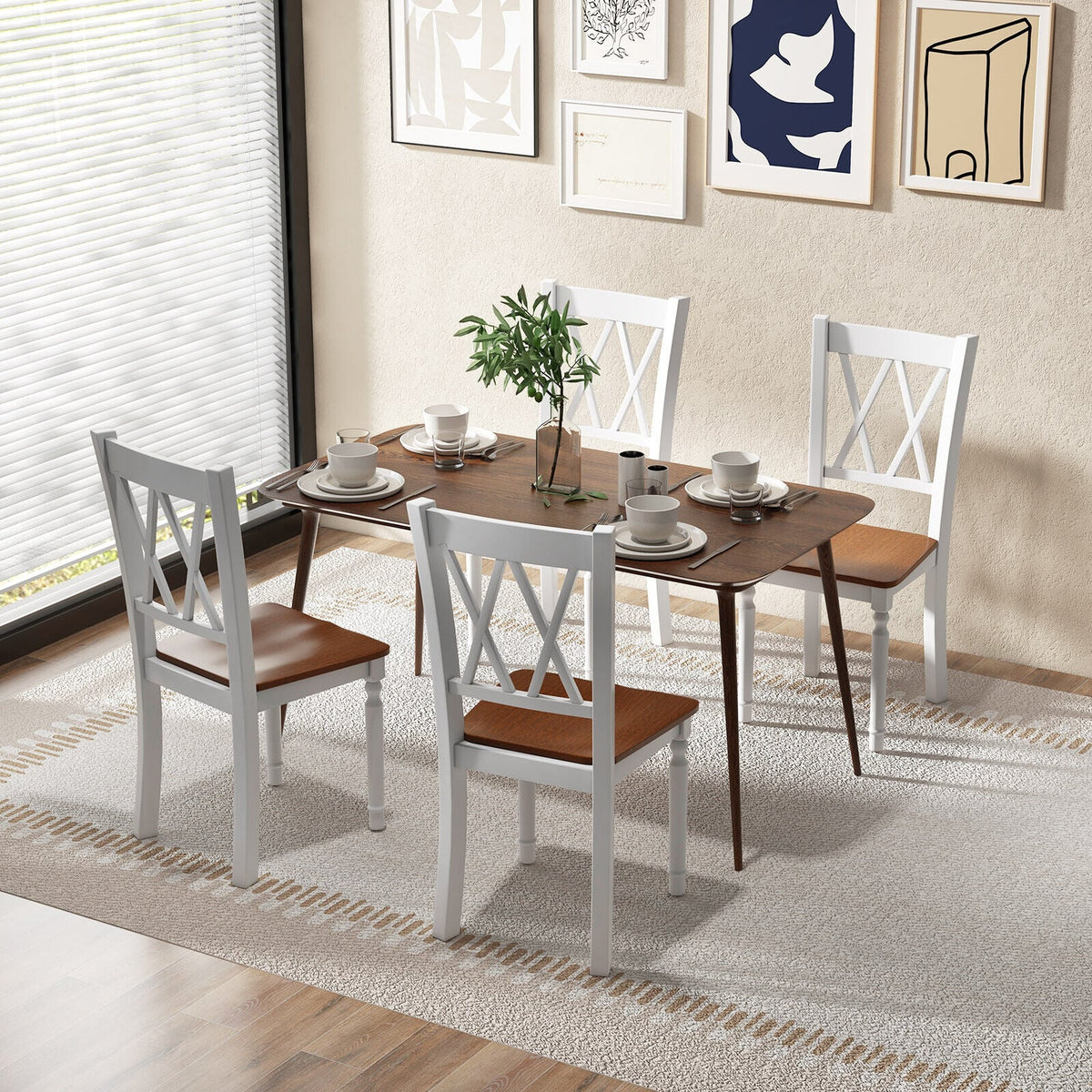 Set of 4 Wooden Farmhouse Kitchen Chairs with Rubber Wood Seat-Dining Chairs-DECOROLALA