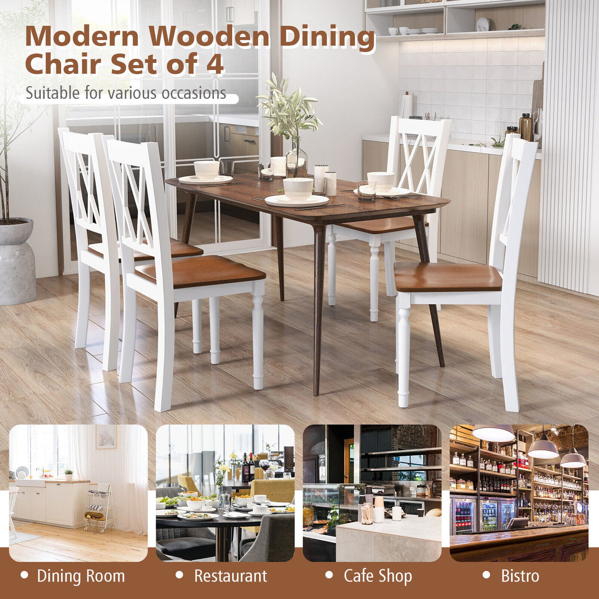 Set of 4 Wooden Farmhouse Kitchen Chairs with Rubber Wood Seat-Dining Chairs-DECOROLALA