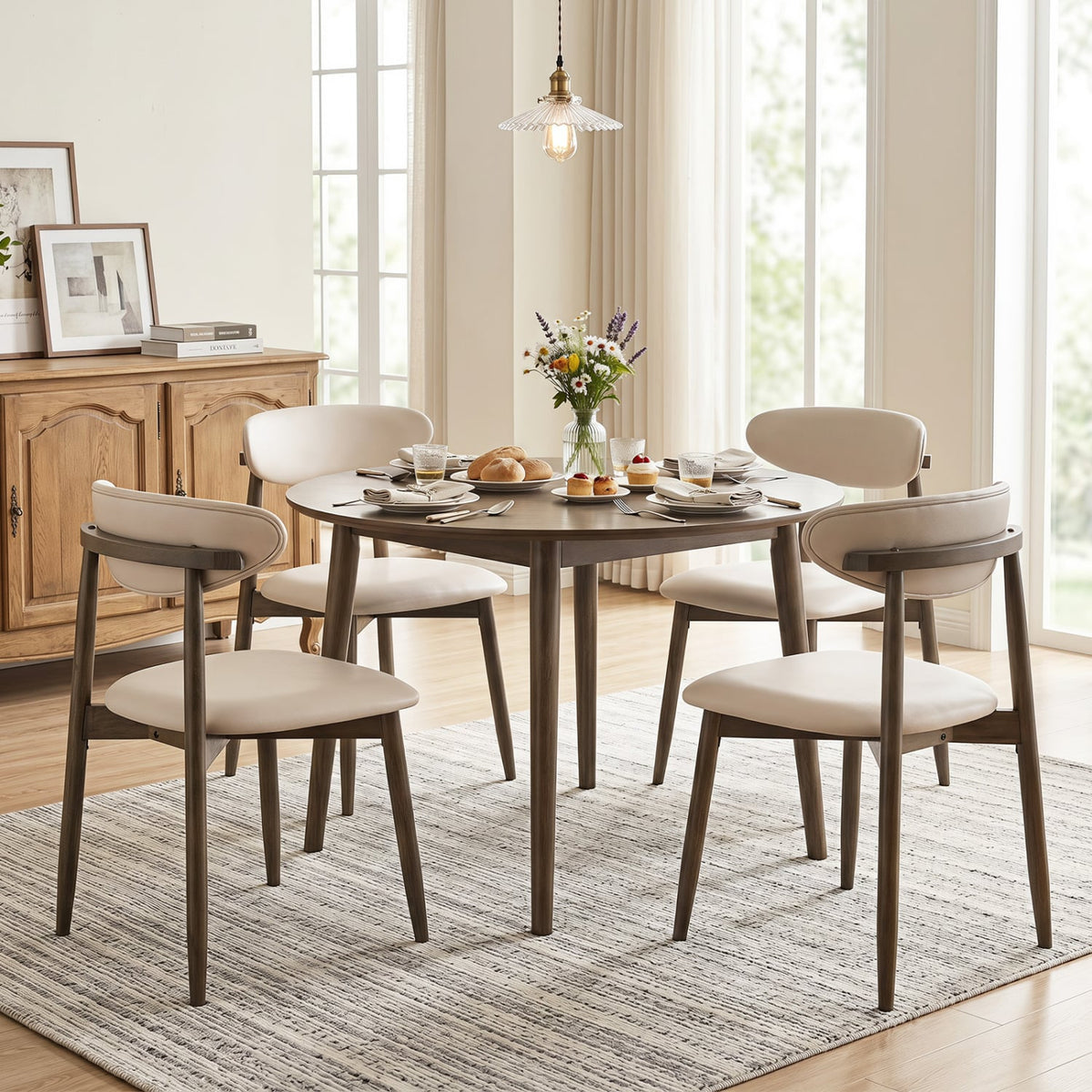 Set of 4 Wooden Modern Upholstered Dining Chairs with Curved Backrest-Beige-Dining Chairs-DECOROLALA