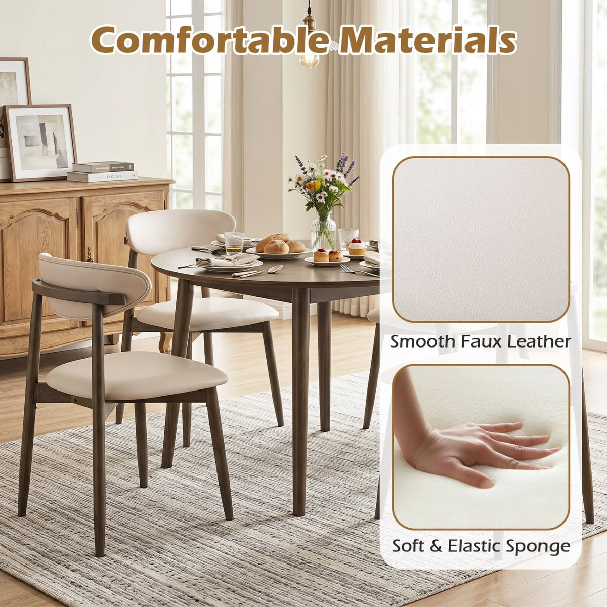 Set of 4 Wooden Modern Upholstered Dining Chairs with Curved Backrest-Beige-Dining Chairs-DECOROLALA