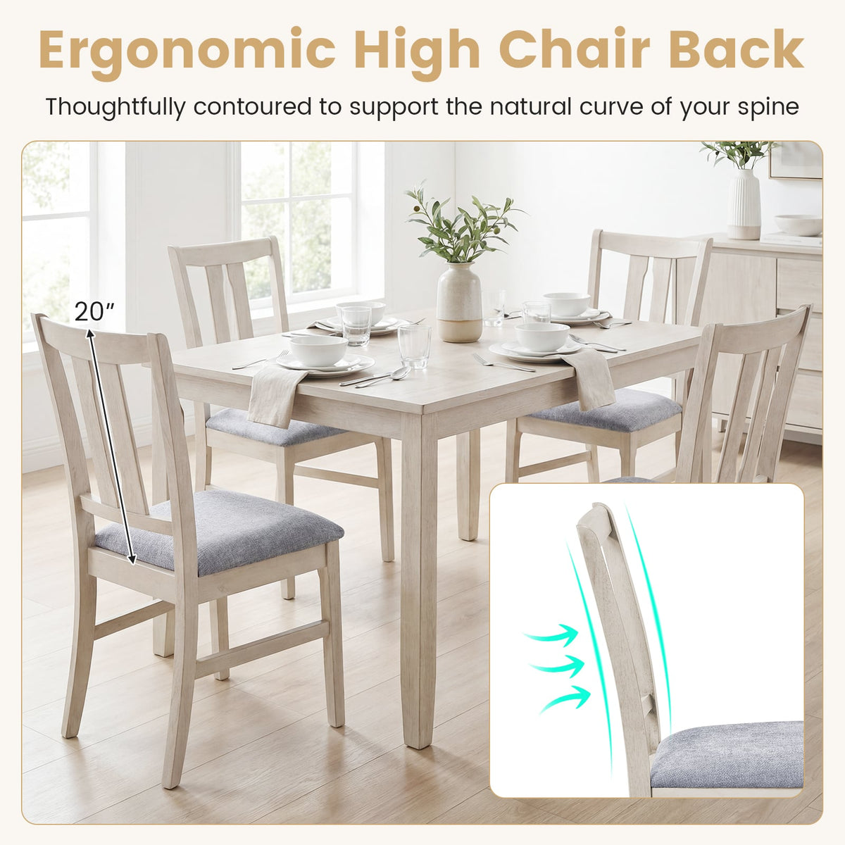 Set of 4 Wooden Upholstered Dining Chairs with High Curved Back-Gray-Dining Chairs-DECOROLALA