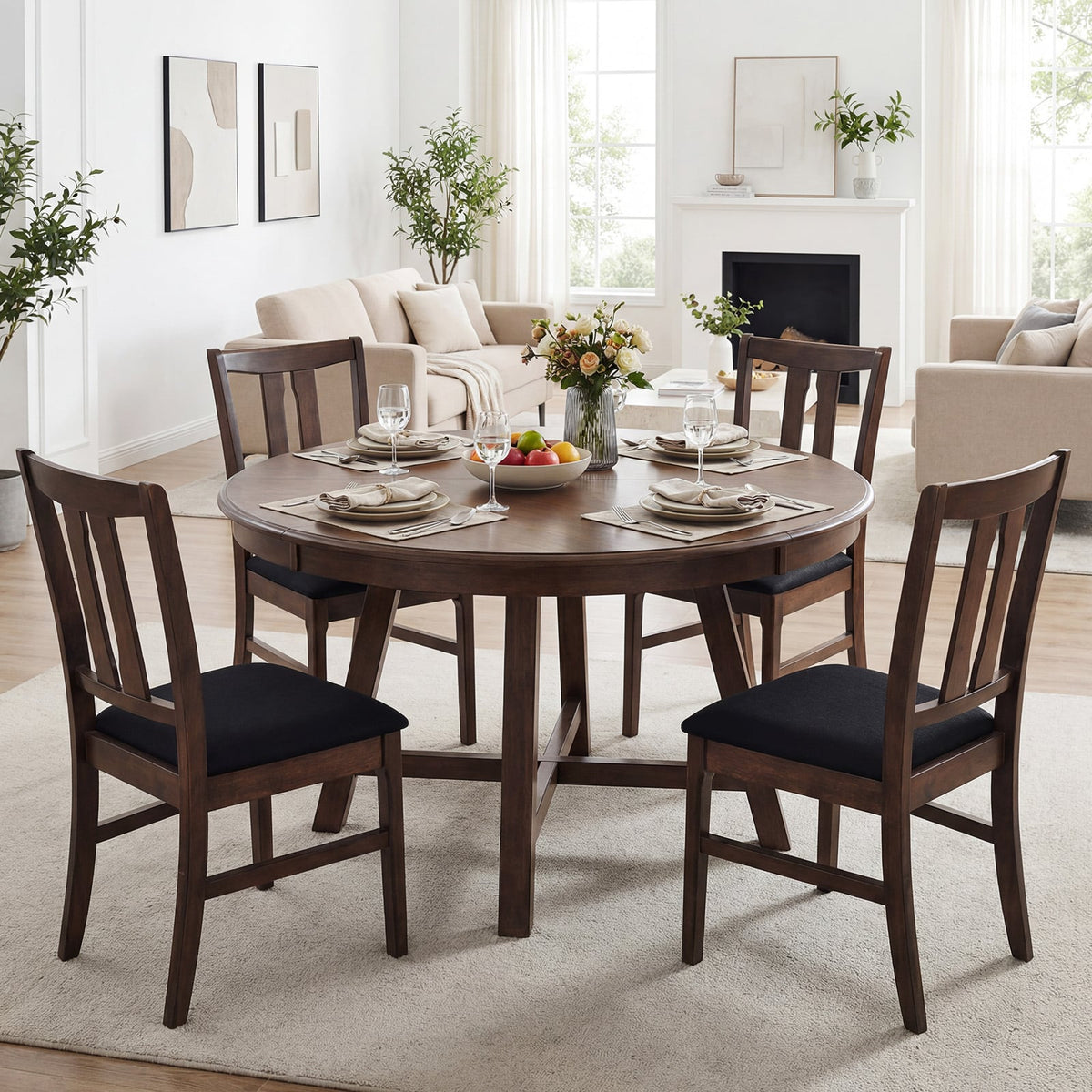 Set of 4 Wooden Upholstered Dining Chairs with High Curved Back-Walnut-Dining Chairs-DECOROLALA