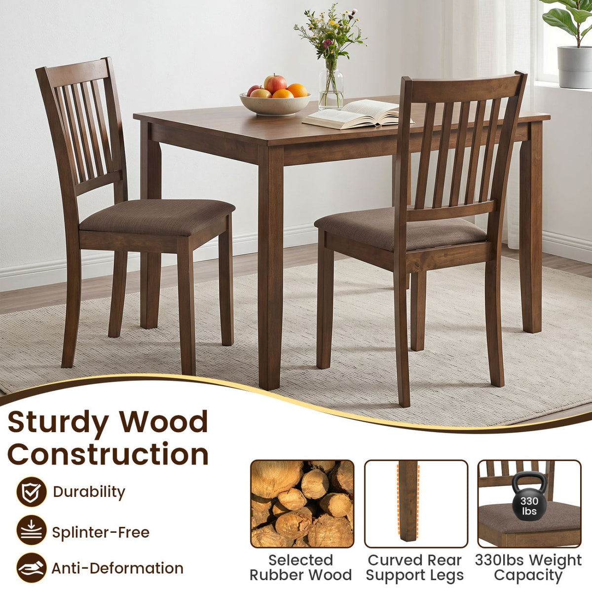 Set of 4 Wooden Upholstered Dining Chairs with Rubber Wood Frame-Brown-Dining Chairs-DECOROLALA