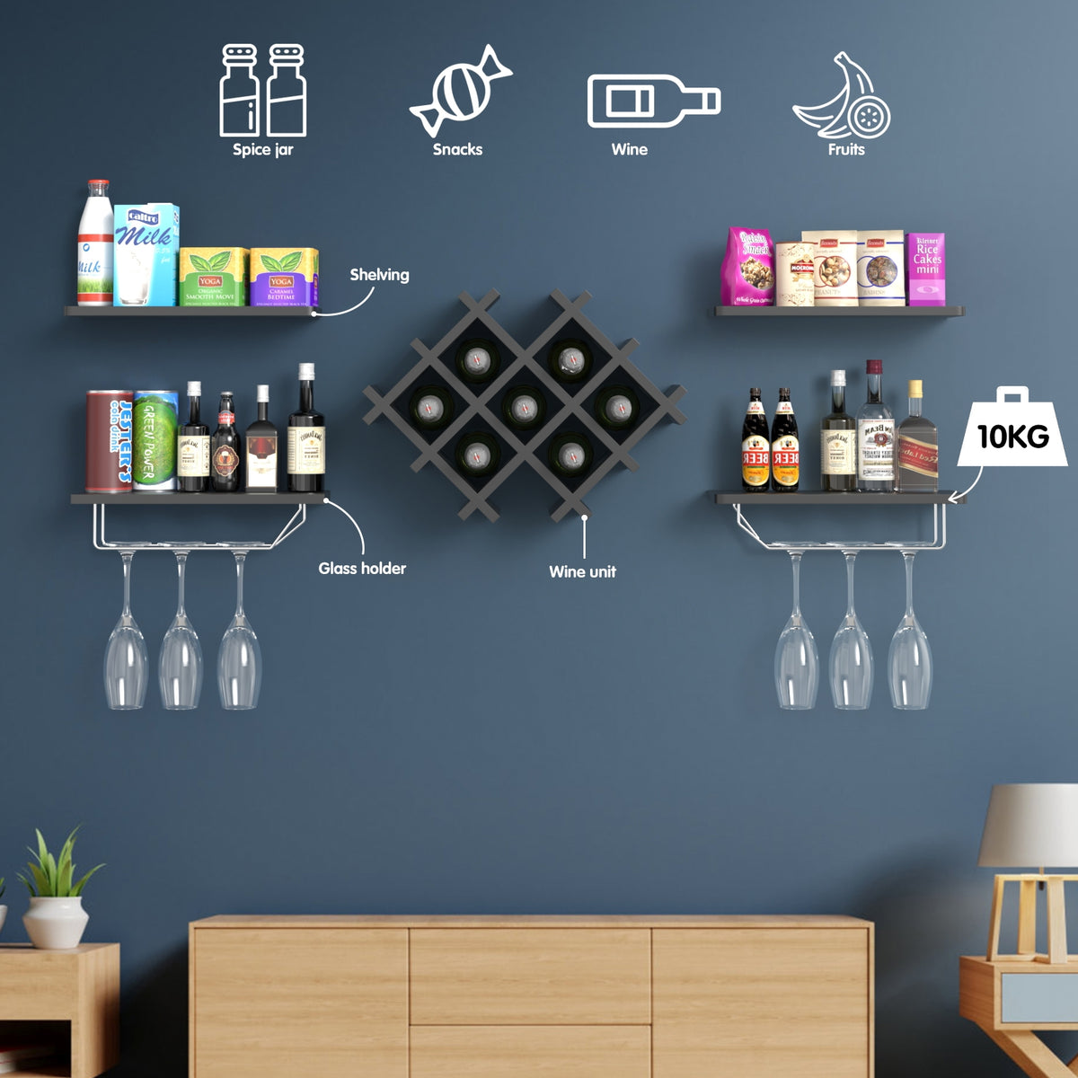 Set of 5 Wall Mount Wine Rack Set w/ Storage Shelves-Black-Wine Racks-DECOROLALA
