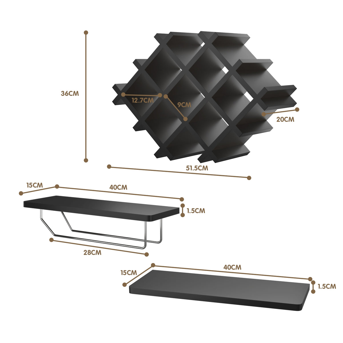 Set of 5 Wall Mount Wine Rack Set w/ Storage Shelves-Black-Wine Racks-DECOROLALA