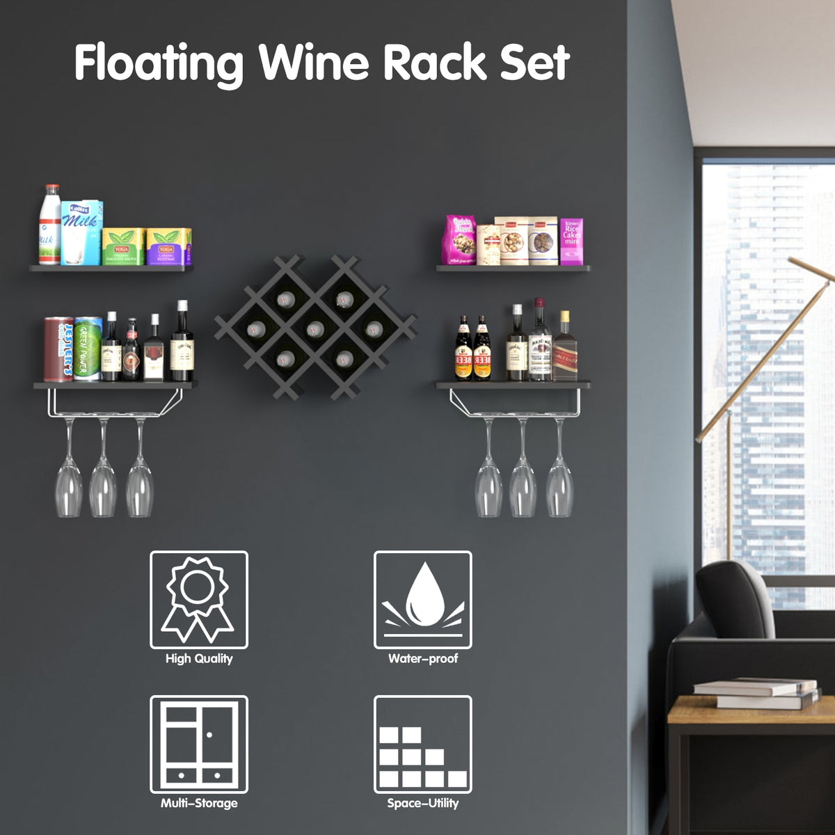 Set of 5 Wall Mount Wine Rack Set w/ Storage Shelves-Black-Wine Racks-DECOROLALA