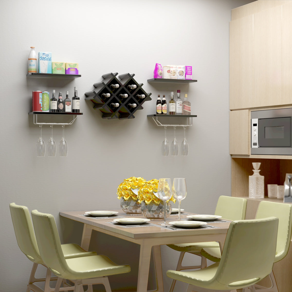 Set of 5 Wall Mount Wine Rack Set w/ Storage Shelves-Black-Wine Racks-DECOROLALA
