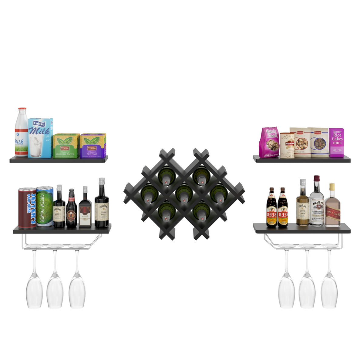 Set of 5 Wall Mount Wine Rack Set w/ Storage Shelves-Black-Wine Racks-DECOROLALA