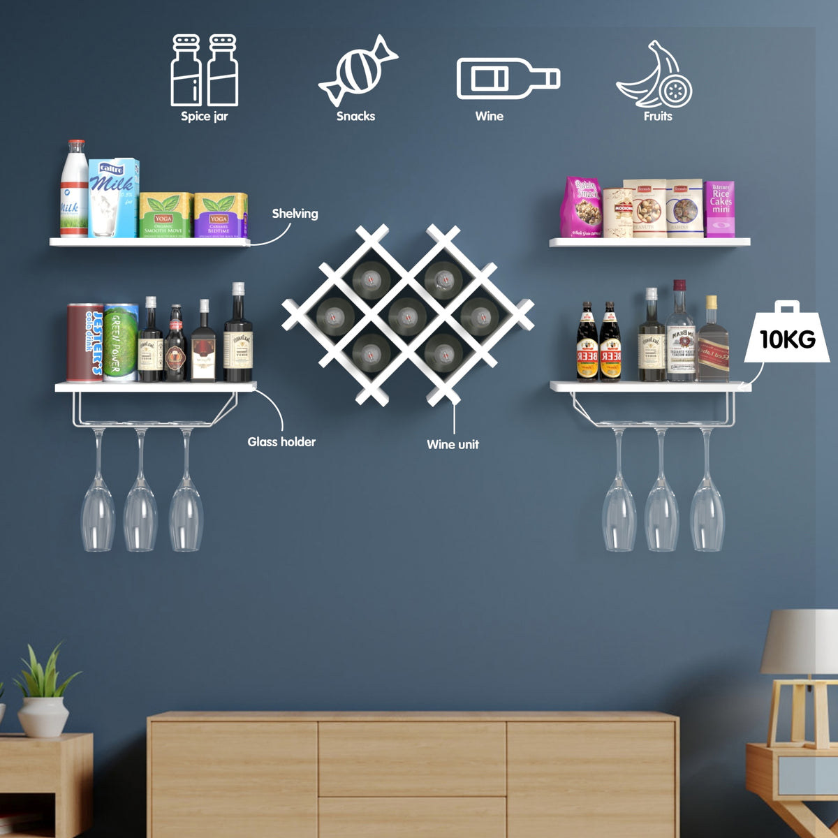 Set of 5 Wall Mount Wine Rack Set w/ Storage Shelves-White-Wine Racks-DECOROLALA