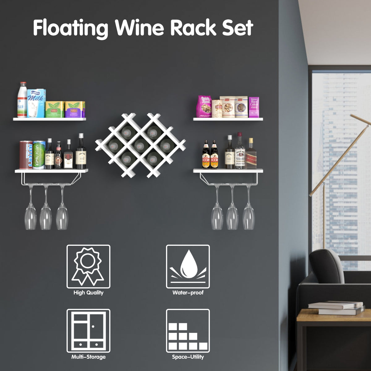 Set of 5 Wall Mount Wine Rack Set w/ Storage Shelves-White-Wine Racks-DECOROLALA