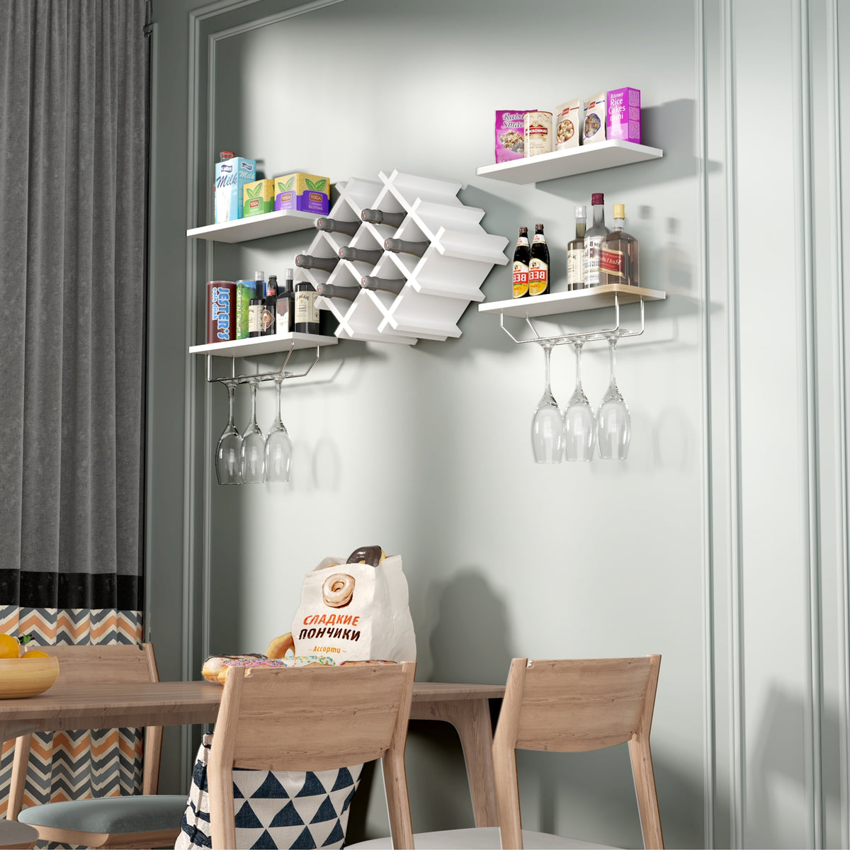 Set of 5 Wall Mount Wine Rack Set w/ Storage Shelves-White-Wine Racks-DECOROLALA