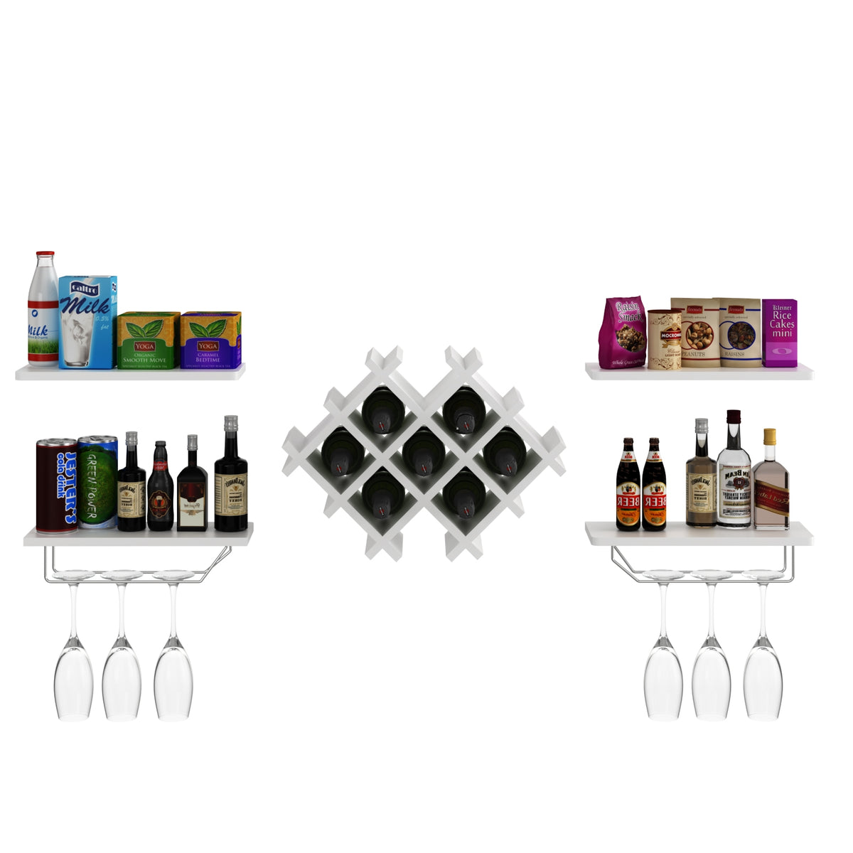 Set of 5 Wall Mount Wine Rack Set w/ Storage Shelves-White-Wine Racks-DECOROLALA