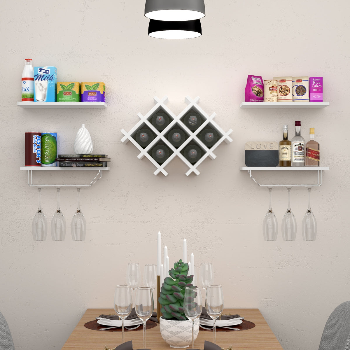 Set of 5 Wall Mount Wine Rack Set w/ Storage Shelves-White-Wine Racks-DECOROLALA