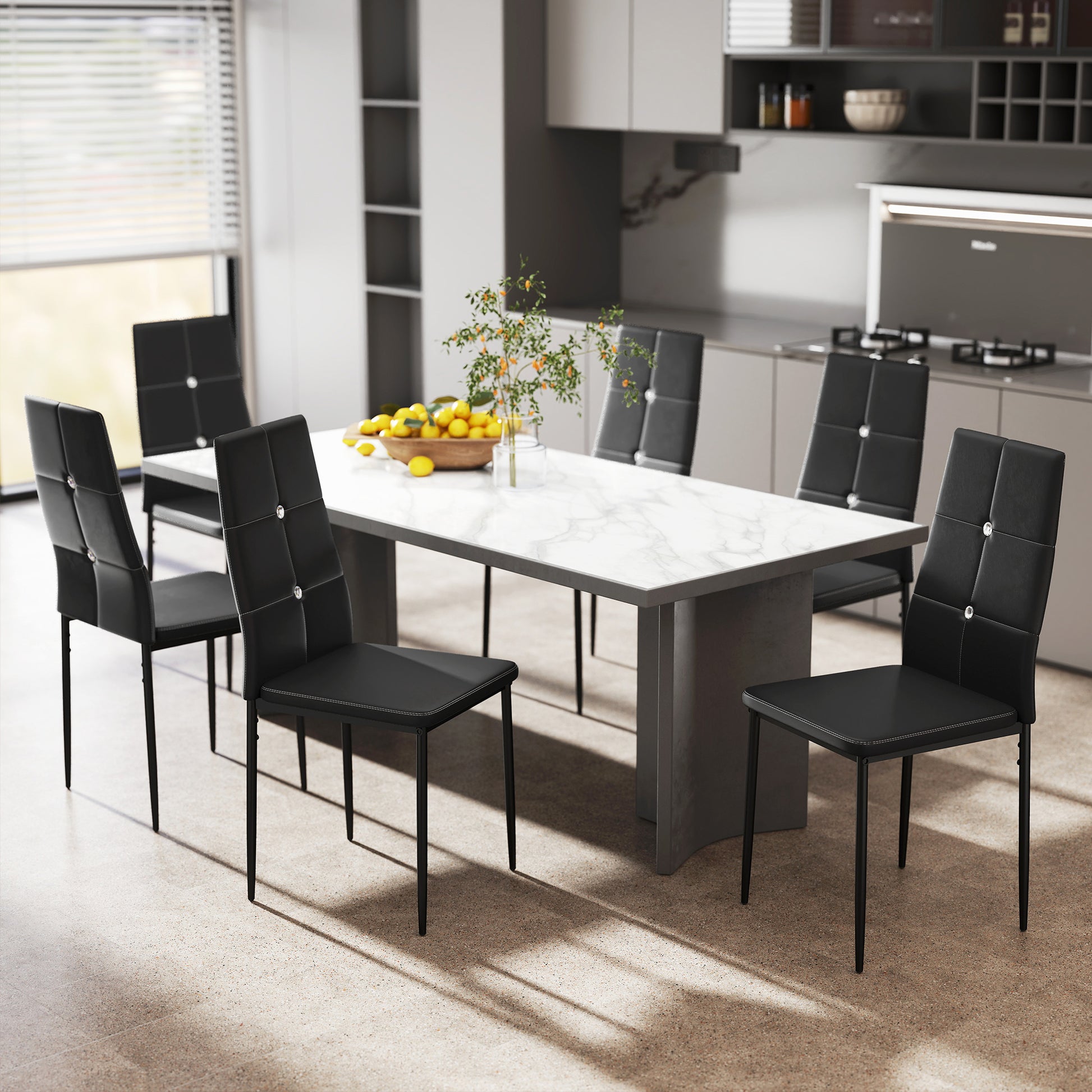 Set of 6 Button Tufted Dining Chairs - Black-DECOROLALA