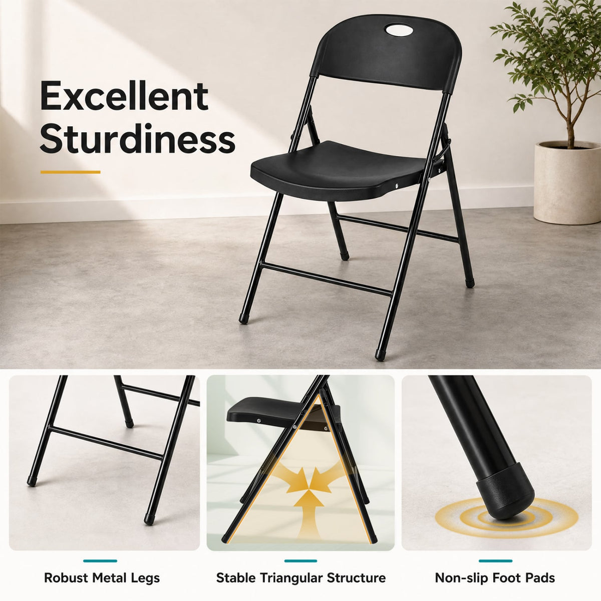 Set of 6 Foldable Plastic Chairs with Ergonomic Backrest-Black-Dining Chairs-DECOROLALA