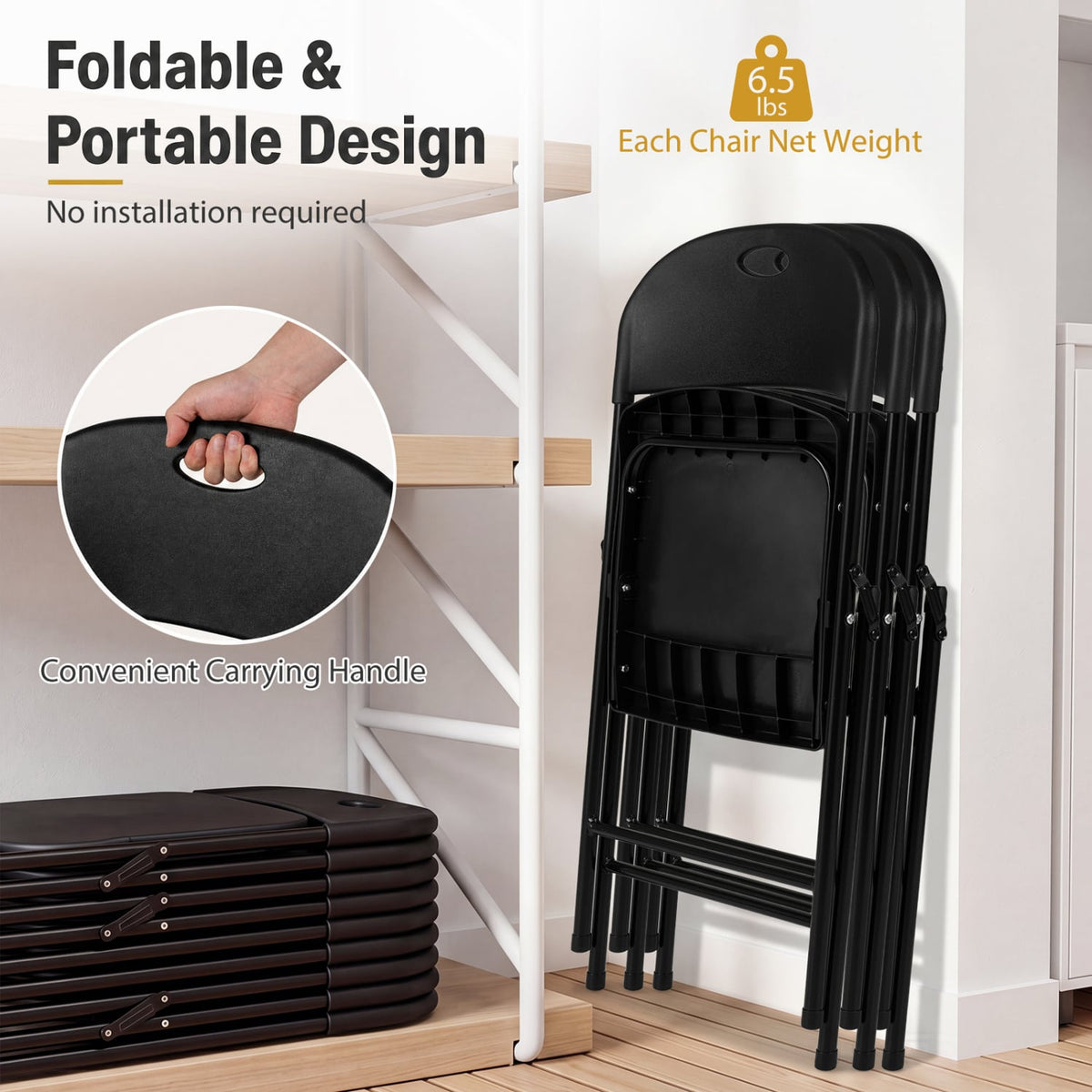 Set of 6 Foldable Plastic Chairs with Ergonomic Backrest-Black-Dining Chairs-DECOROLALA