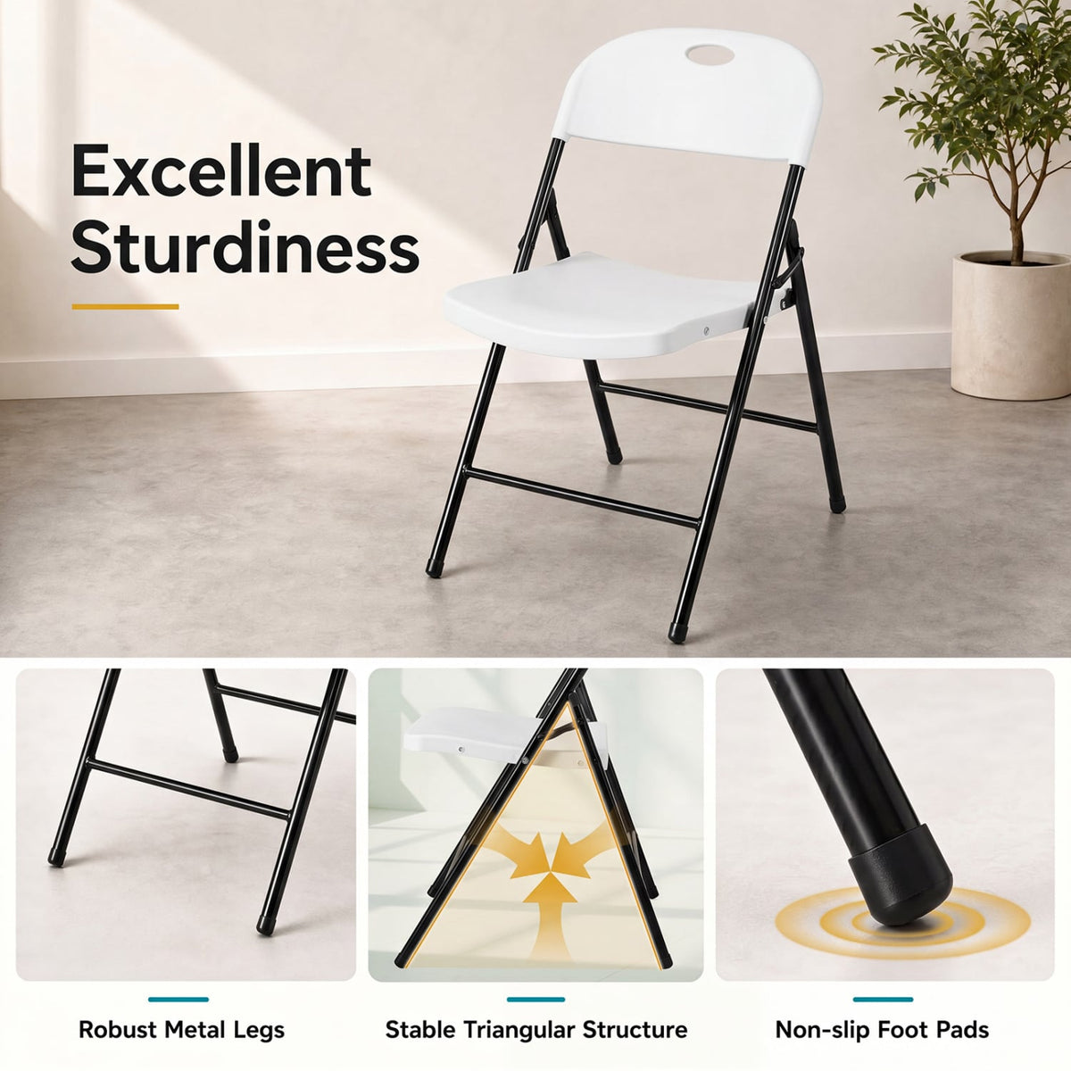 Set of 6 Foldable Plastic Chairs with Ergonomic Backrest-White-Dining Chairs-DECOROLALA