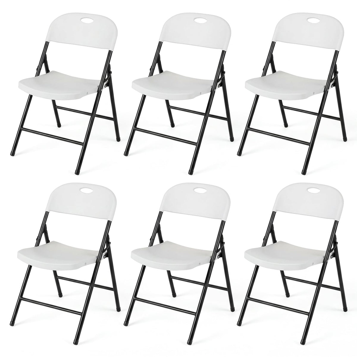 Set of 6 Foldable Plastic Chairs with Ergonomic Backrest-White-Dining Chairs-DECOROLALA