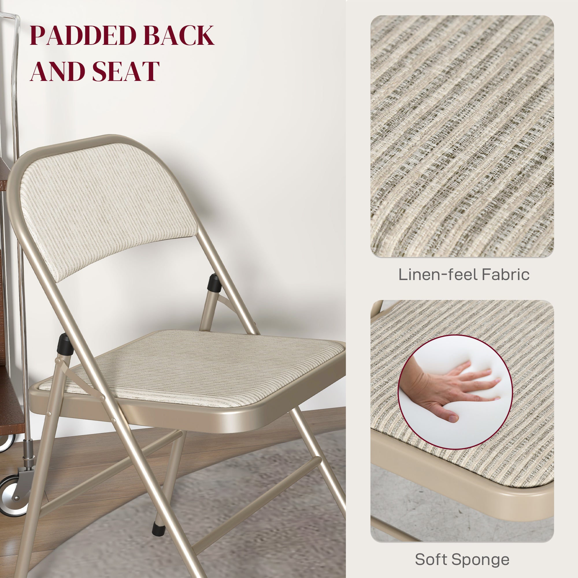 Set of 6 Metal Folding Chairs - Beige Padded Faux Linen-DECOROLALA