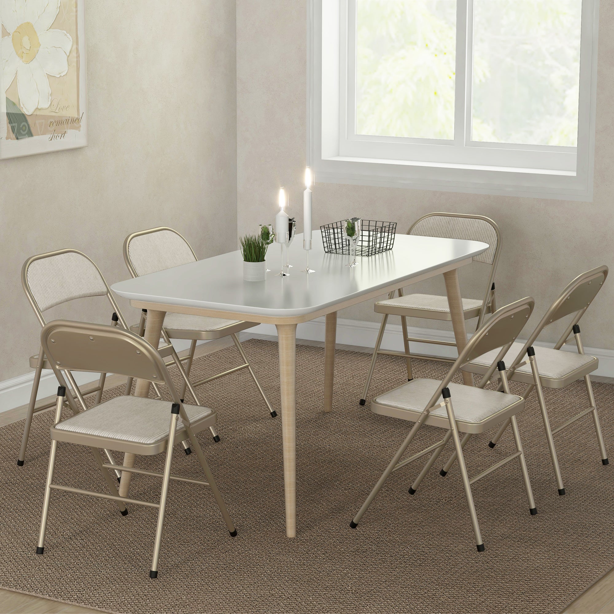 Set of 6 Metal Folding Chairs - Beige Padded Faux Linen-DECOROLALA