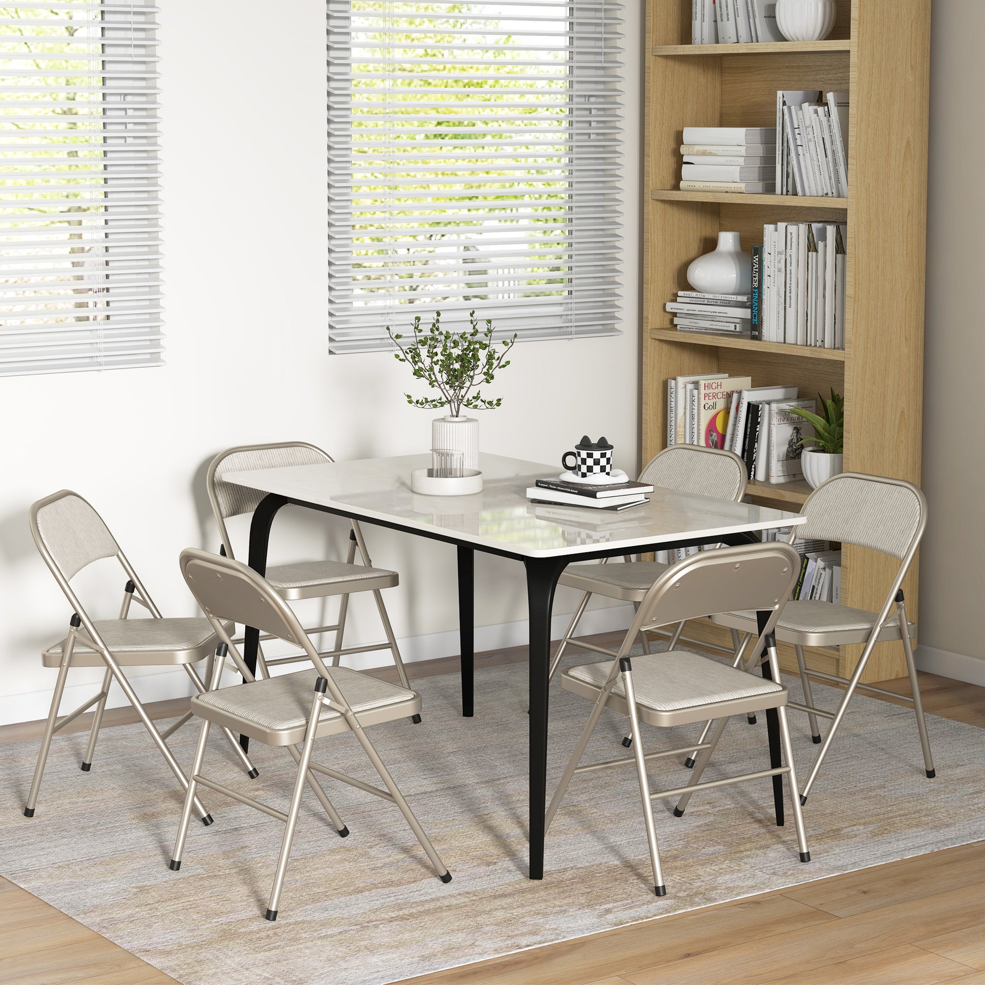 Set of 6 Metal Folding Chairs - Beige Padded Faux Linen-DECOROLALA