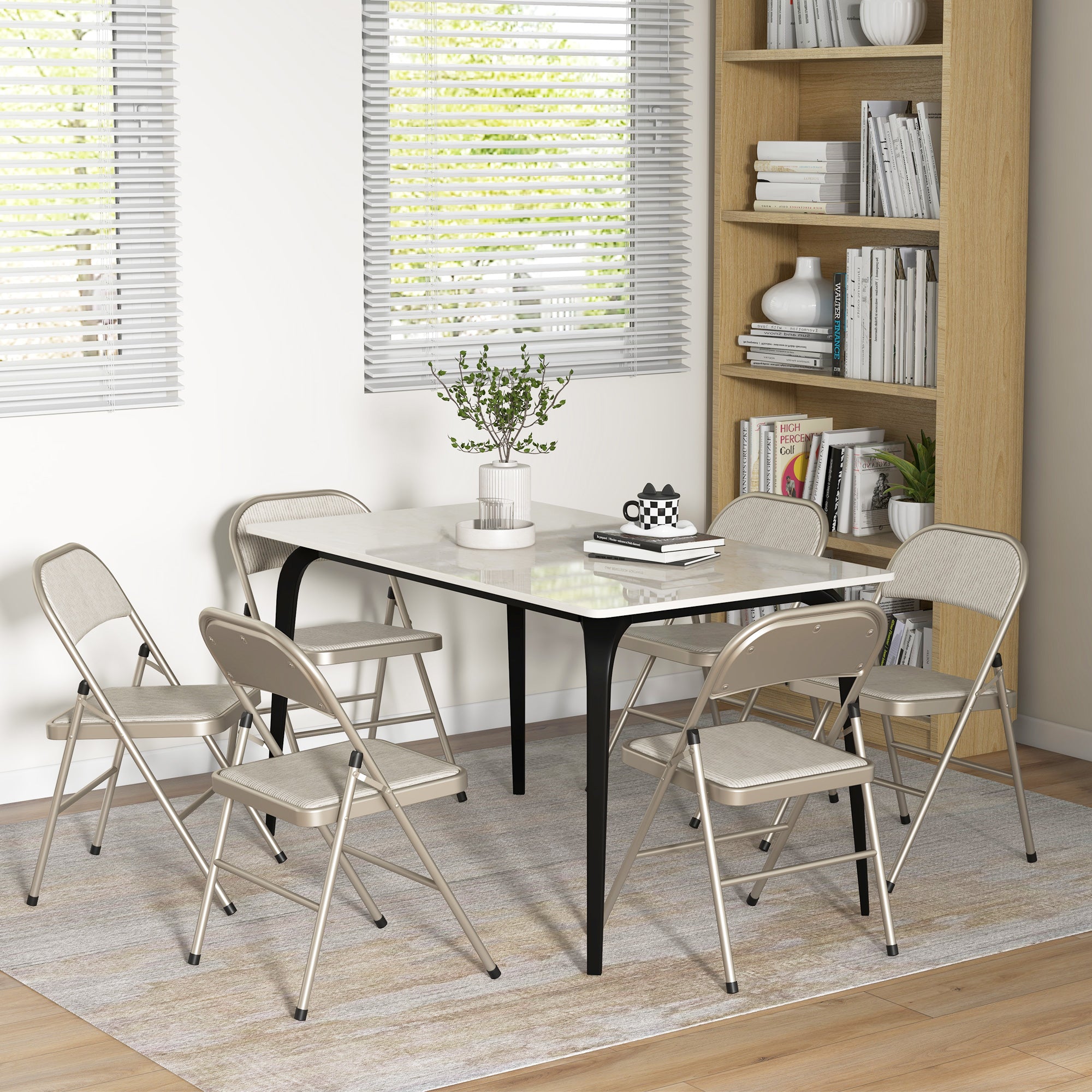Set of 6 Metal Folding Chairs - Beige Padded Faux Linen-DECOROLALA