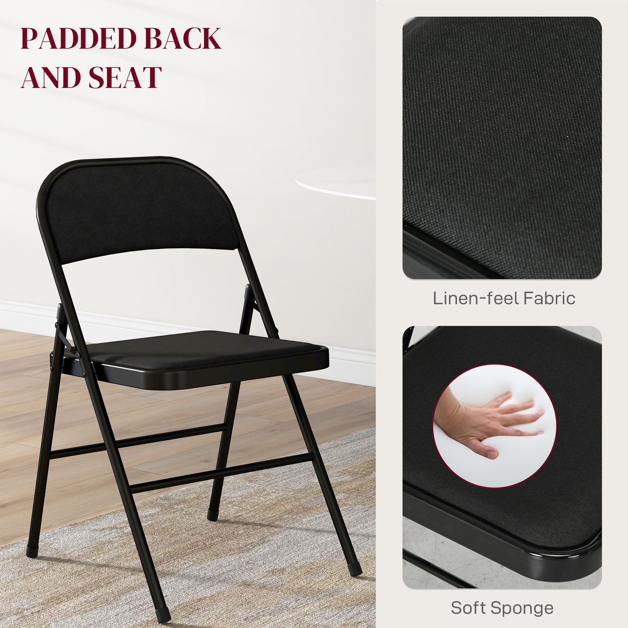 Set of 6 Metal Folding Chairs - Black Faux Linen Padded-DECOROLALA