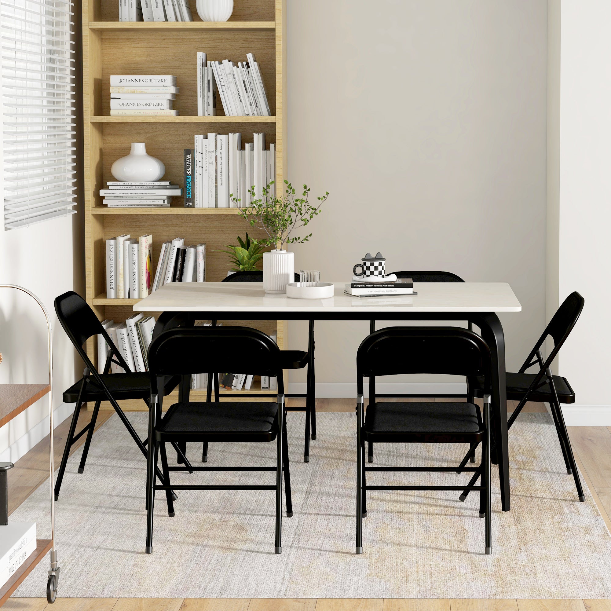 Set of 6 Metal Folding Chairs - Black Faux Linen Padded-DECOROLALA