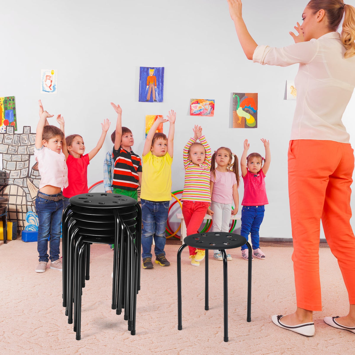 Set of 6 Portable Plastic Stack Stools -Black-Dining Chairs-DECOROLALA