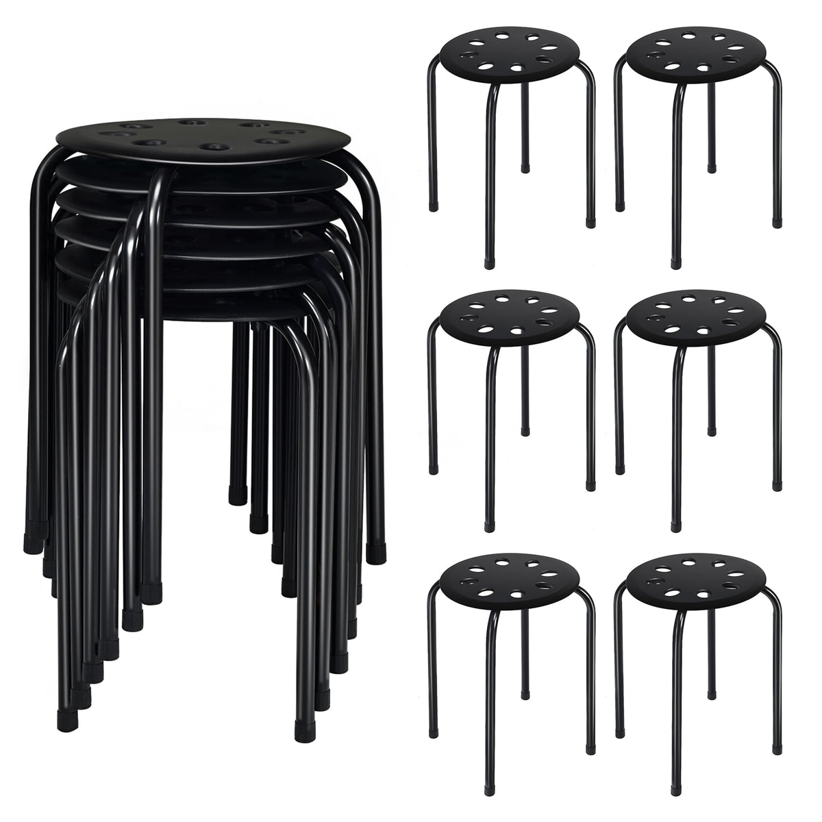 Set of 6 Portable Plastic Stack Stools -Black-Dining Chairs-DECOROLALA