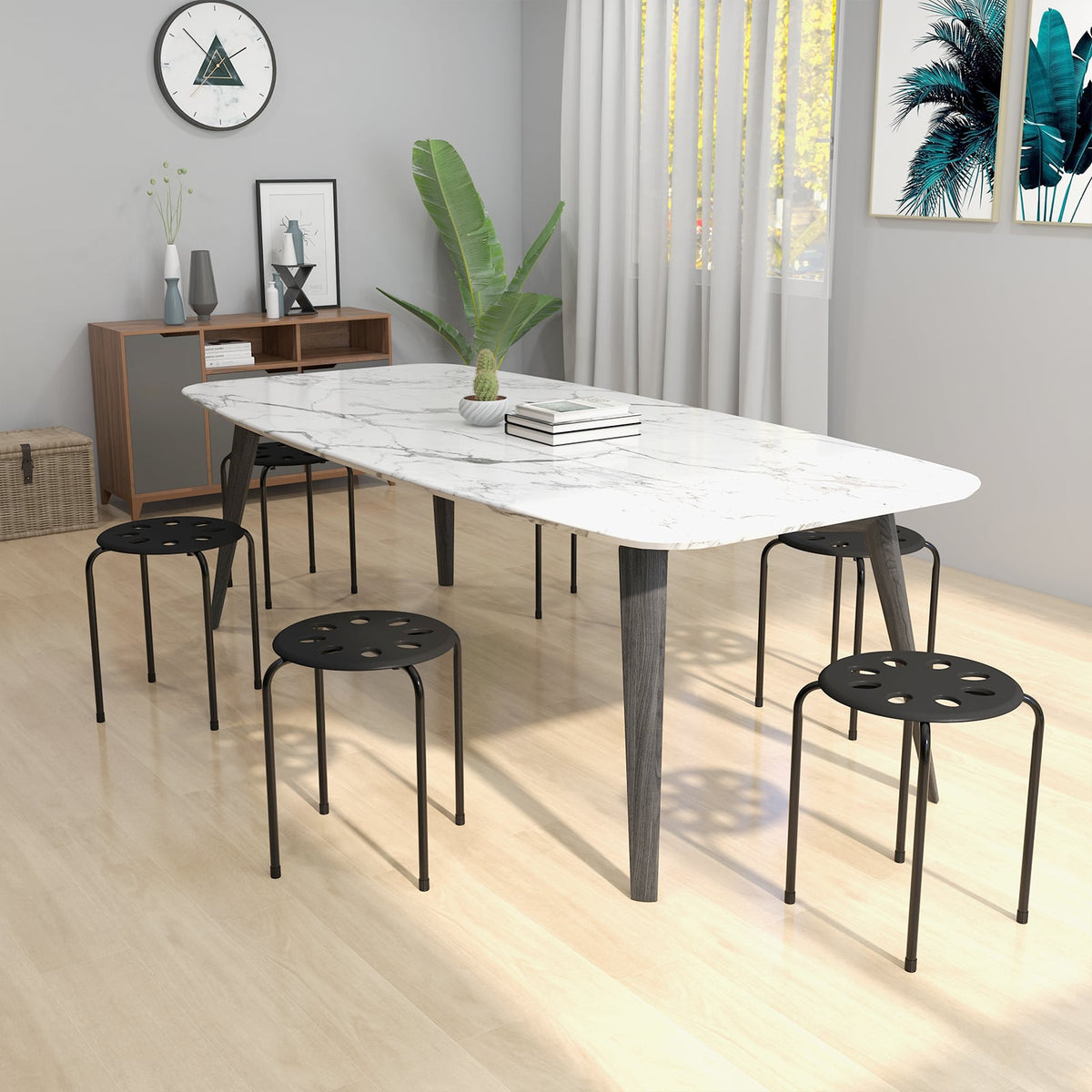 Set of 6 Portable Plastic Stack Stools -Black-Dining Chairs-DECOROLALA