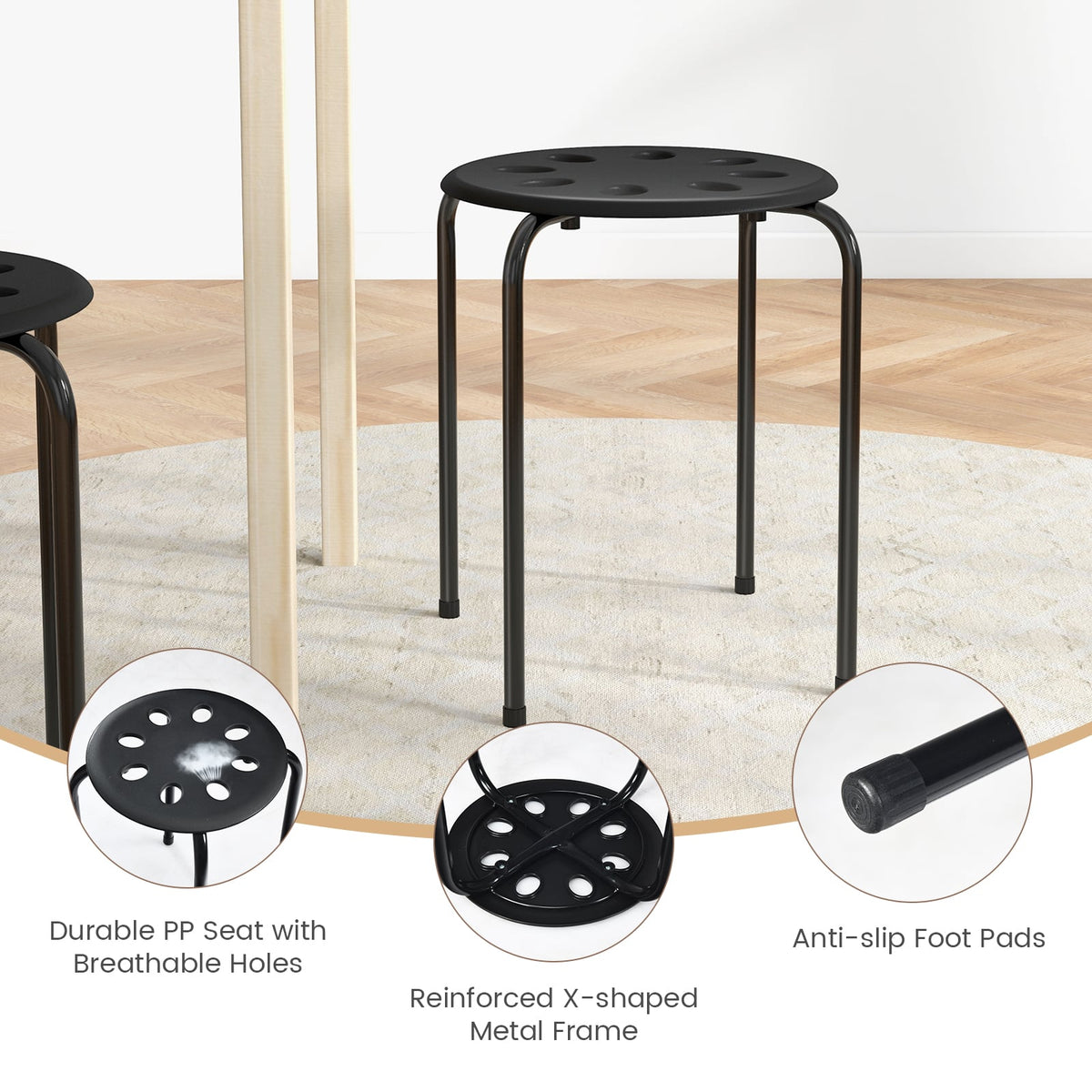 Set of 6 Portable Plastic Stack Stools -Black-Dining Chairs-DECOROLALA