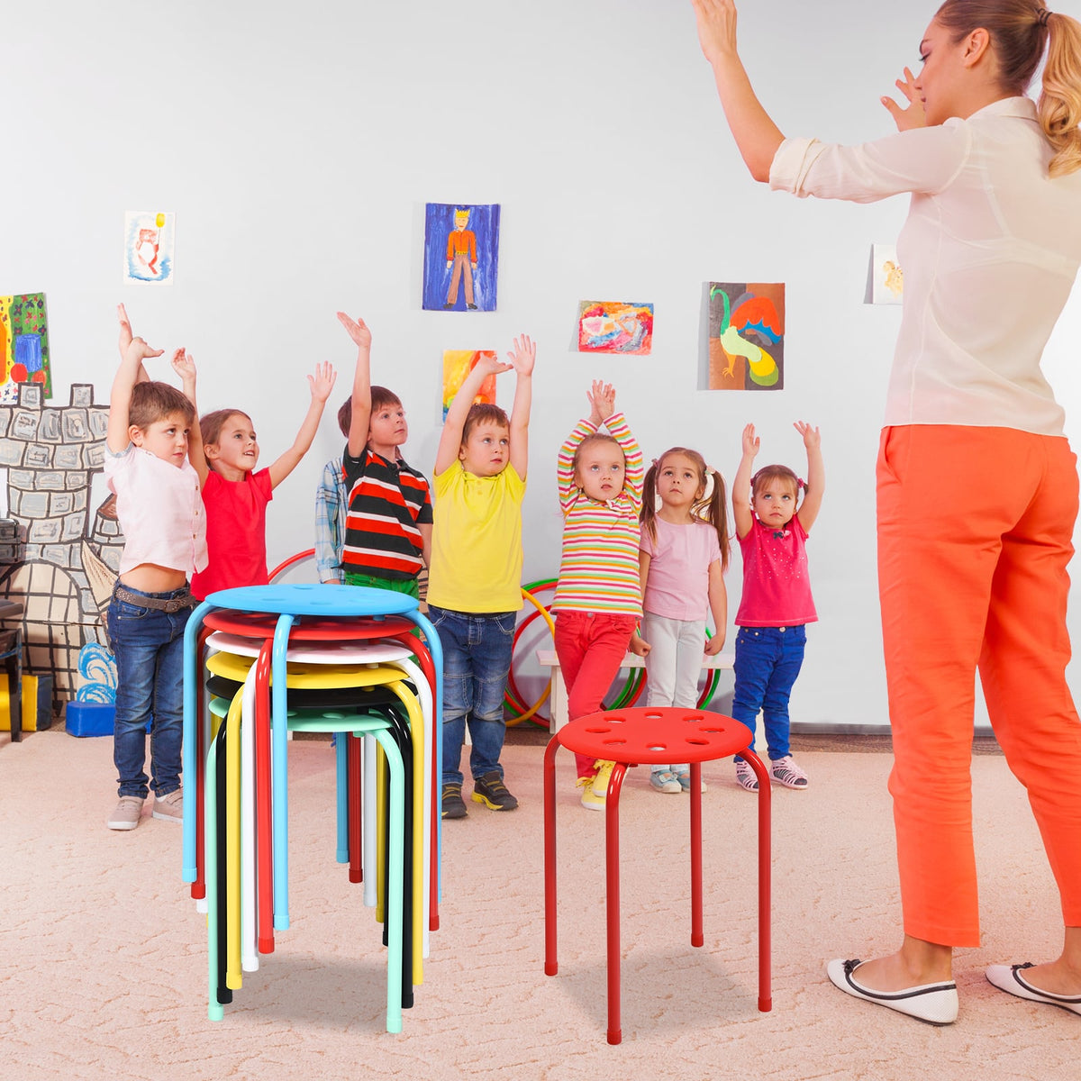 Set of 6 Portable Plastic Stack Stools-Multicolor-Dining Chairs-DECOROLALA