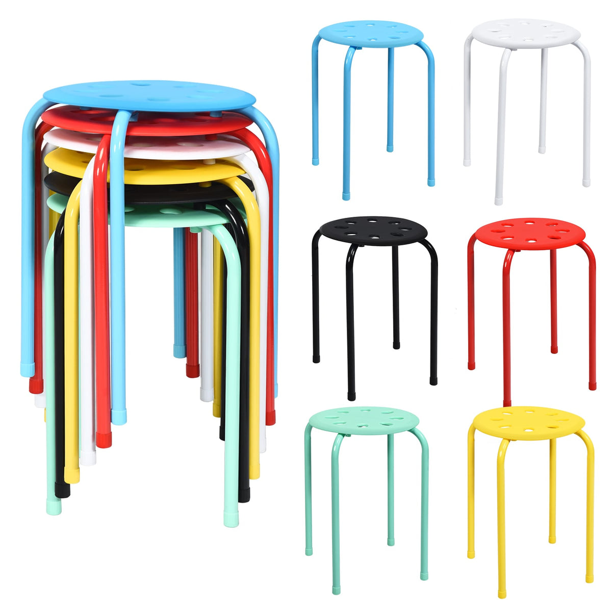 Set of 6 Portable Plastic Stack Stools-Multicolor-Dining Chairs-DECOROLALA