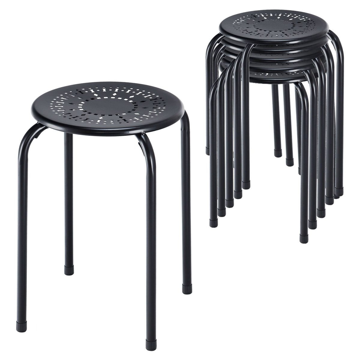 Set of 6 Stackable Multifunctional Daisy Design Backless Round Metal Stool Set-Black-Dining Chairs-DECOROLALA