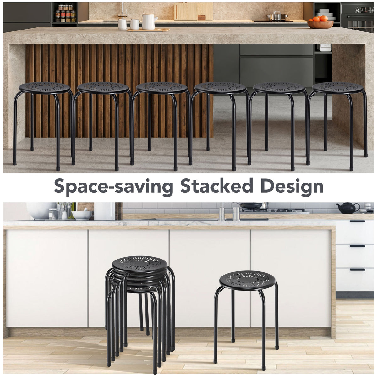 Set of 6 Stackable Multifunctional Daisy Design Backless Round Metal Stool Set-Black-Dining Chairs-DECOROLALA
