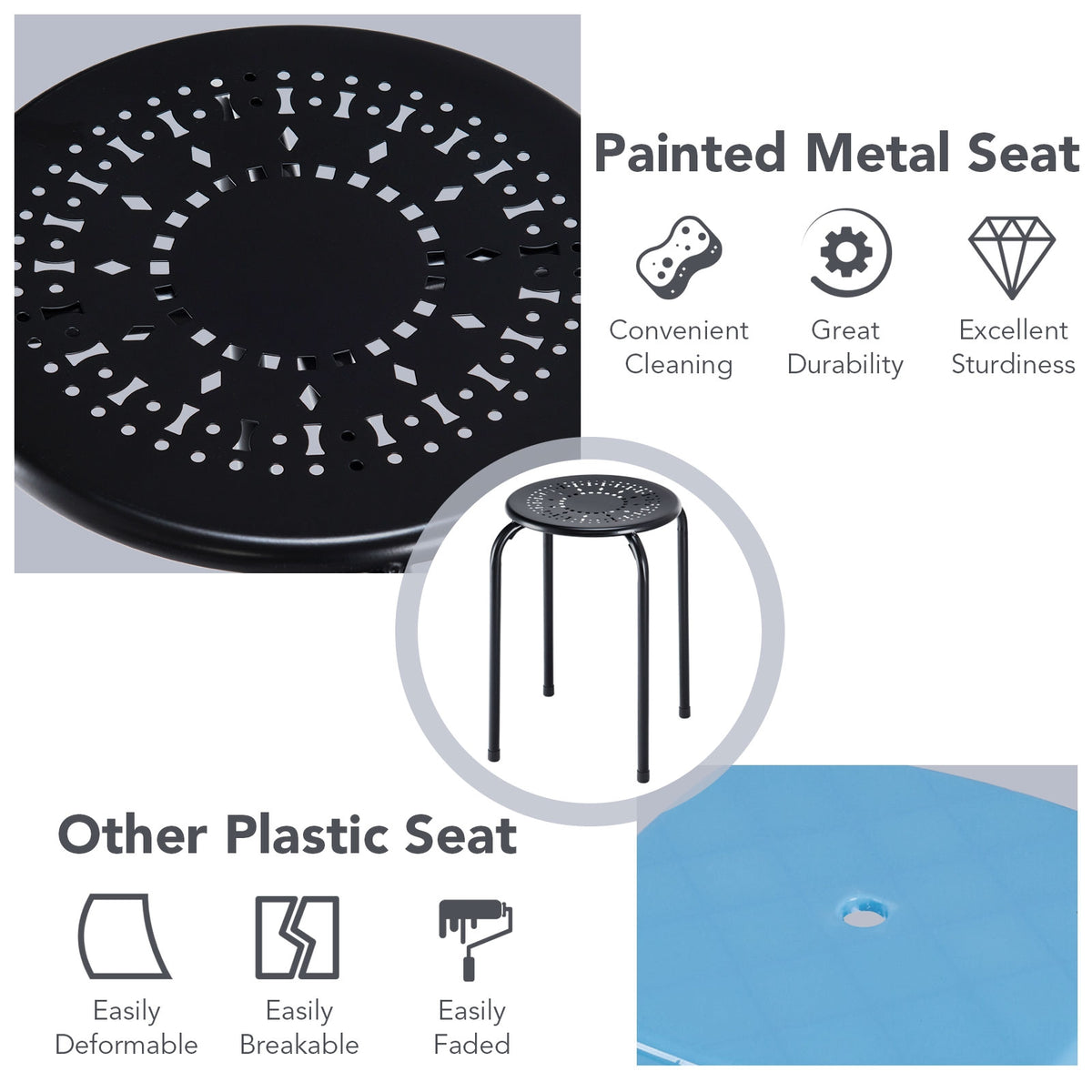 Set of 6 Stackable Multifunctional Daisy Design Backless Round Metal Stool Set-Black-Dining Chairs-DECOROLALA