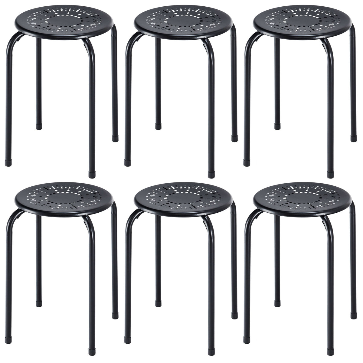 Set of 6 Stackable Multifunctional Daisy Design Backless Round Metal Stool Set-Black-Dining Chairs-DECOROLALA