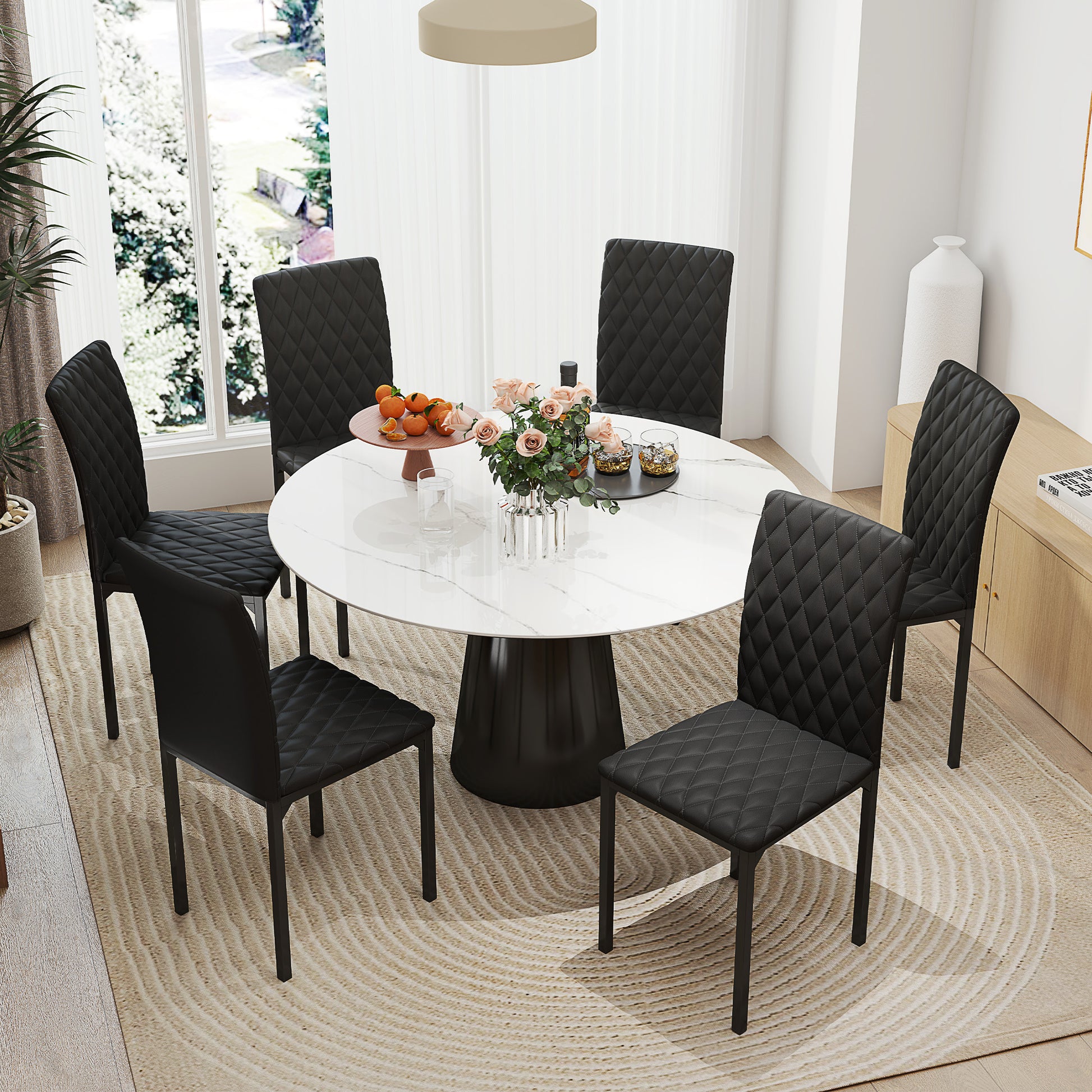 Set of 6 Tufted Dining Chairs - Black Faux Leather-DECOROLALA