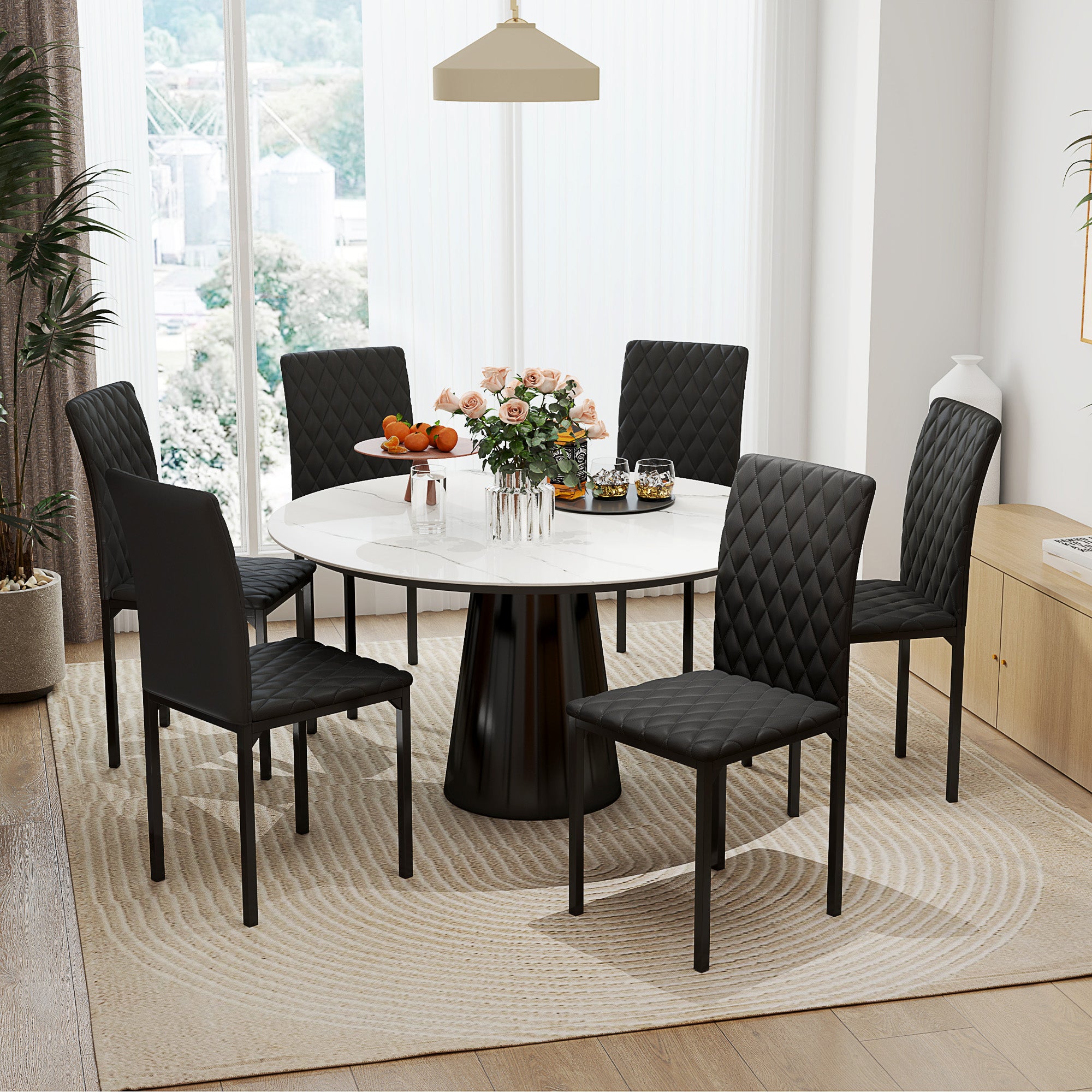 Set of 6 Tufted Dining Chairs - Black Faux Leather-DECOROLALA