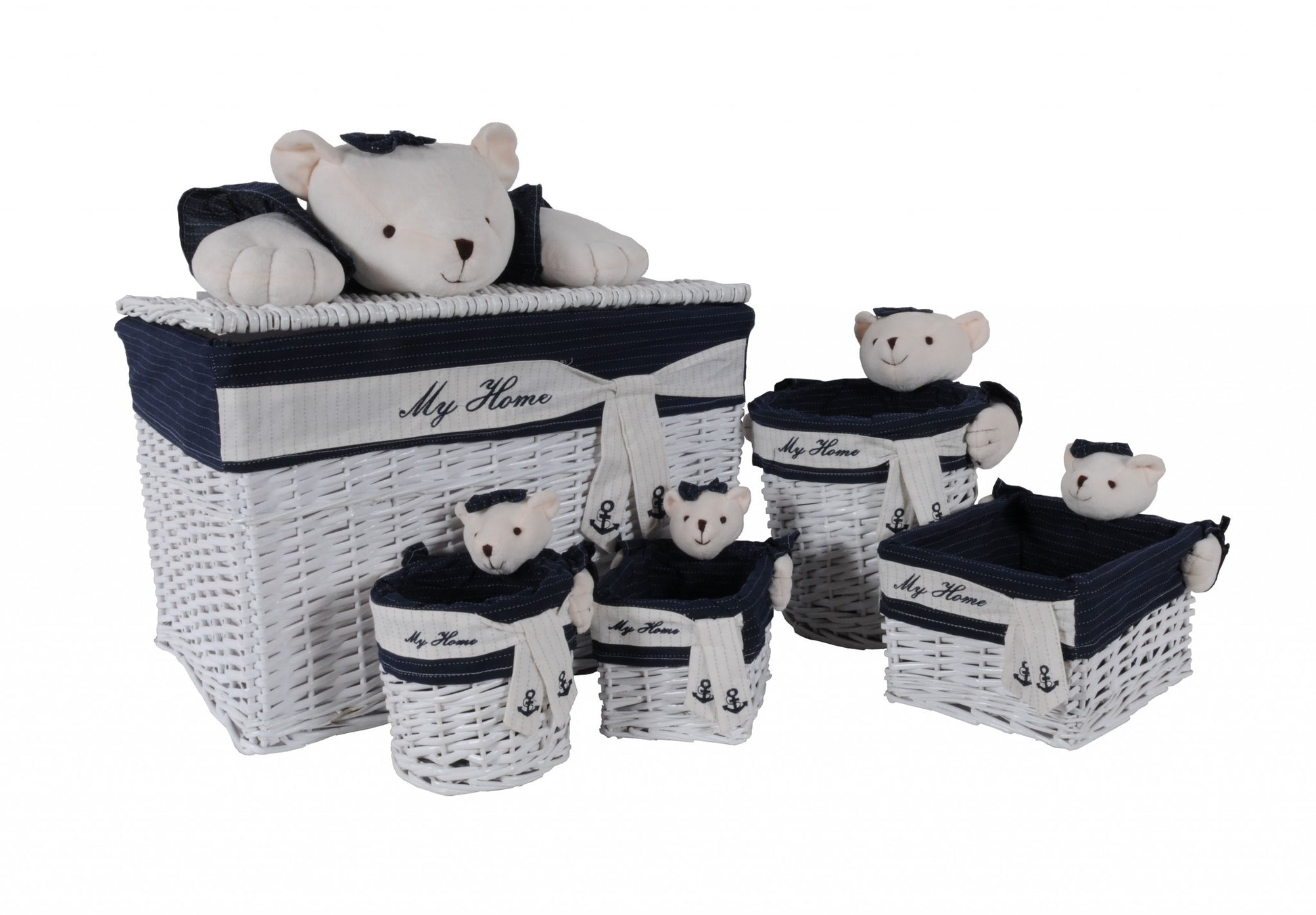 Set of Five Blue And White Rattan Basket-Organizers-DECOROLALA