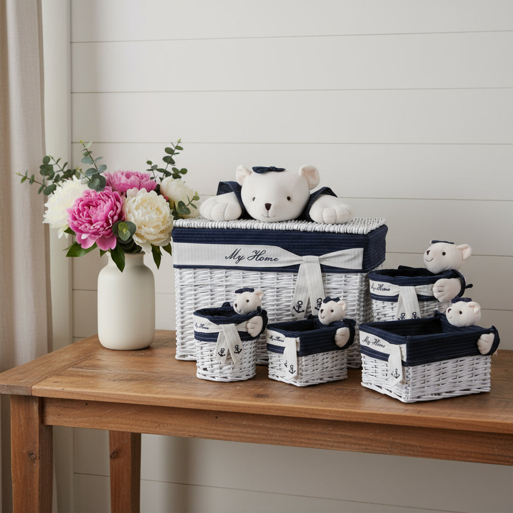 Set of Five Blue And White Rattan Basket-Organizers-DECOROLALA
