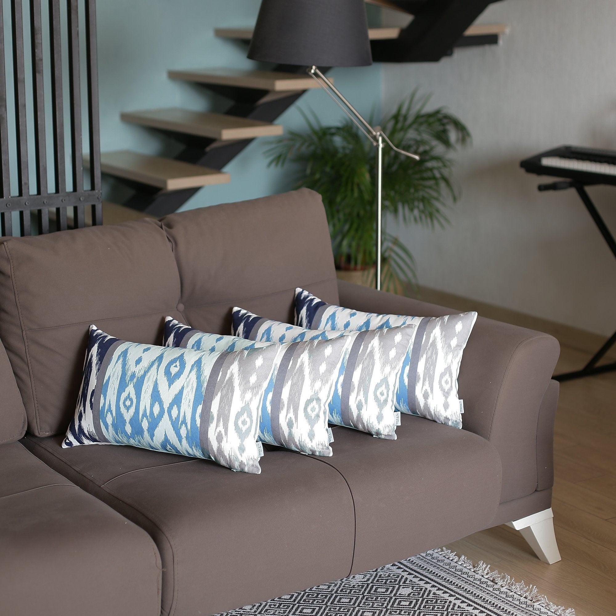 Set of Four 12" X 20" Blue And Gray Fabric Lumbar Throw Pillow Covers-Accent Throw Pillows-DECOROLALA