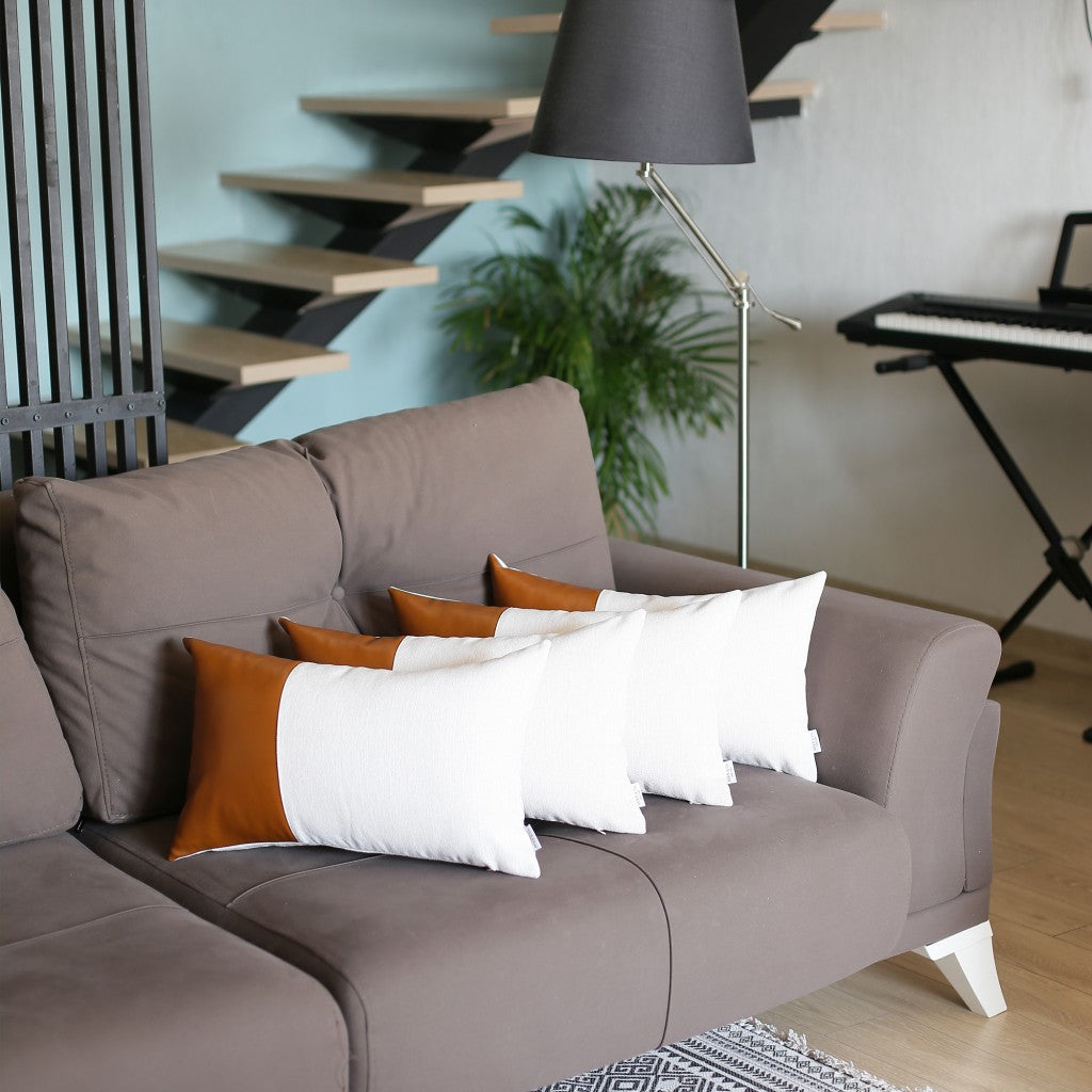 Set of Four 12" X 20" Brown And White Faux Leather Throw Pillow Covers-Accent Throw Pillows-DECOROLALA