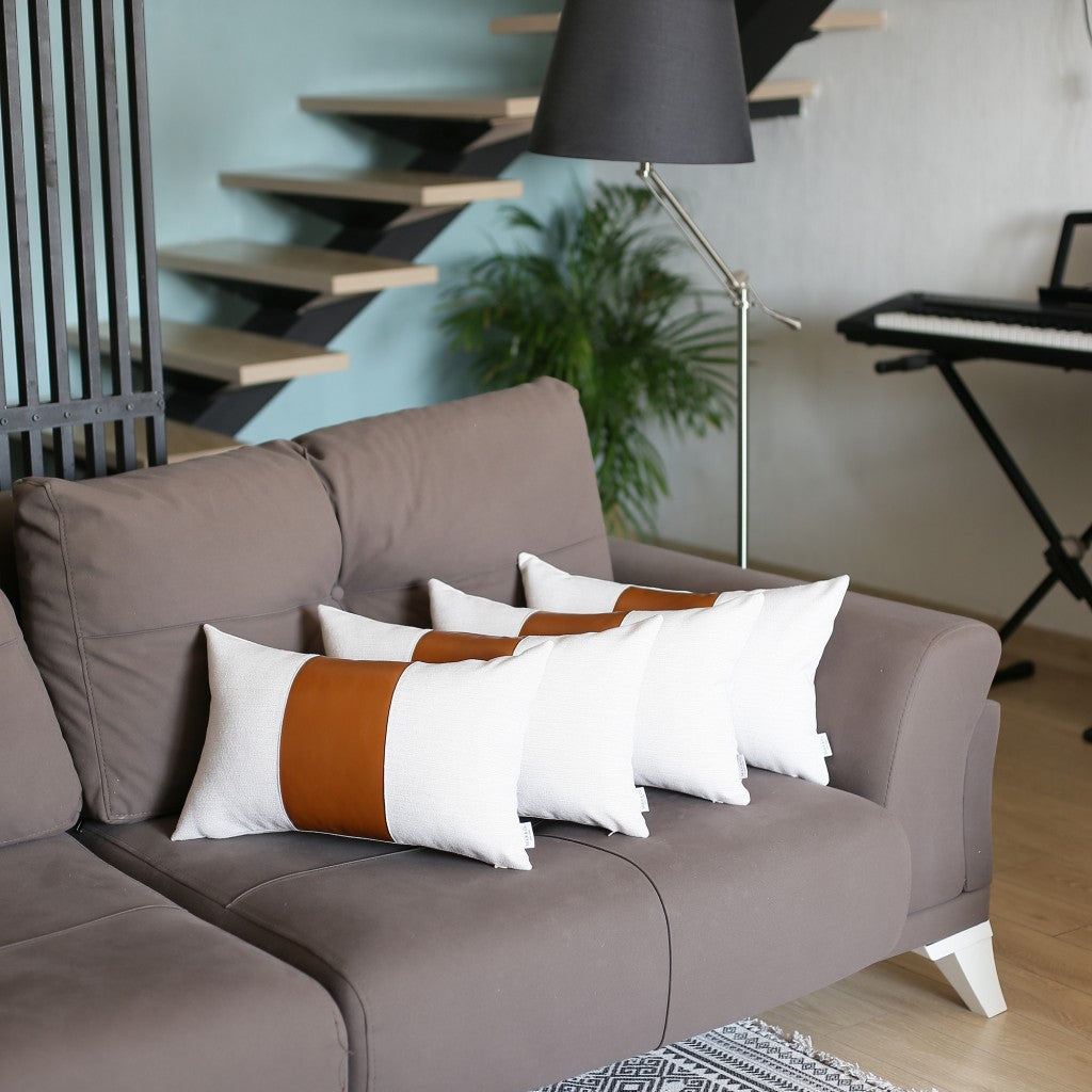 Set of Four 12" X 20" Brown And White Faux Leather Throw Pillow Covers-Accent Throw Pillows-DECOROLALA